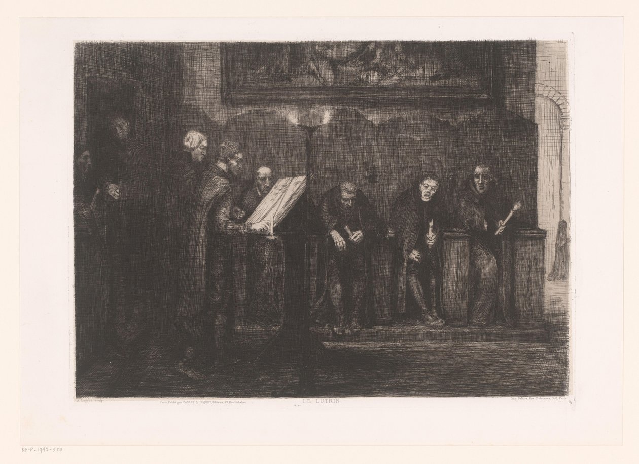 Osm mužů kolem řečnického pultu Le lutrin (název na objektu) od Alphonse Legros