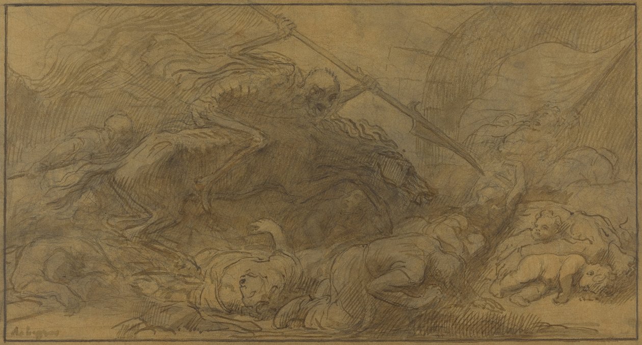 Po bitvě (pero a hnědá tuš s hnědým lakem na hnědém papíře) od Alphonse Legros