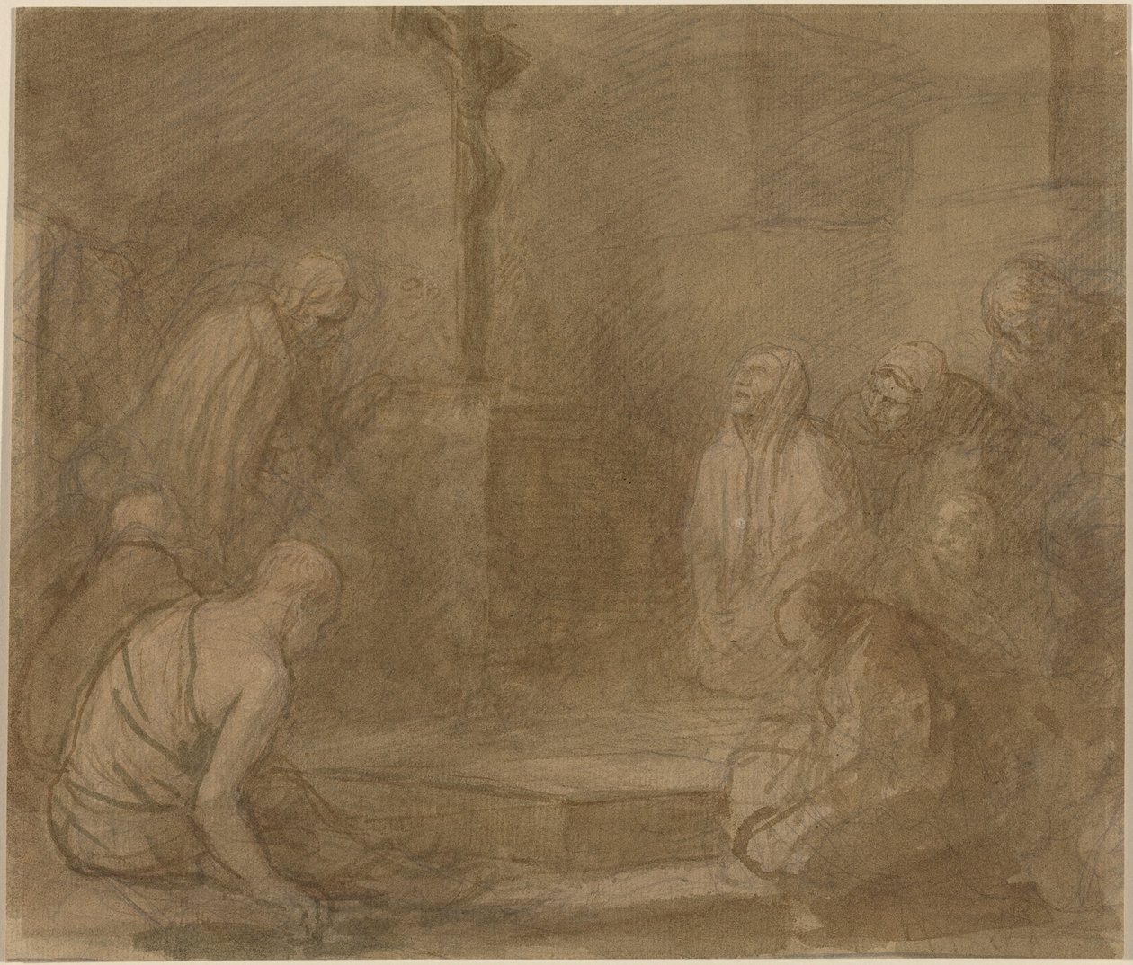 U paty kříže (pero a hnědá tuš s hnědým lakem nad grafitem na křídovém papíře) od Alphonse Legros