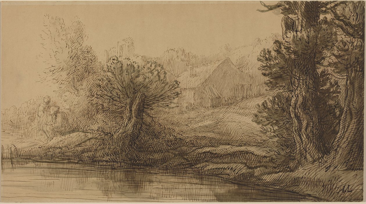 Břeh řeky (pero a hnědá tuš s hnědým lakem na kartonu) od Alphonse Legros