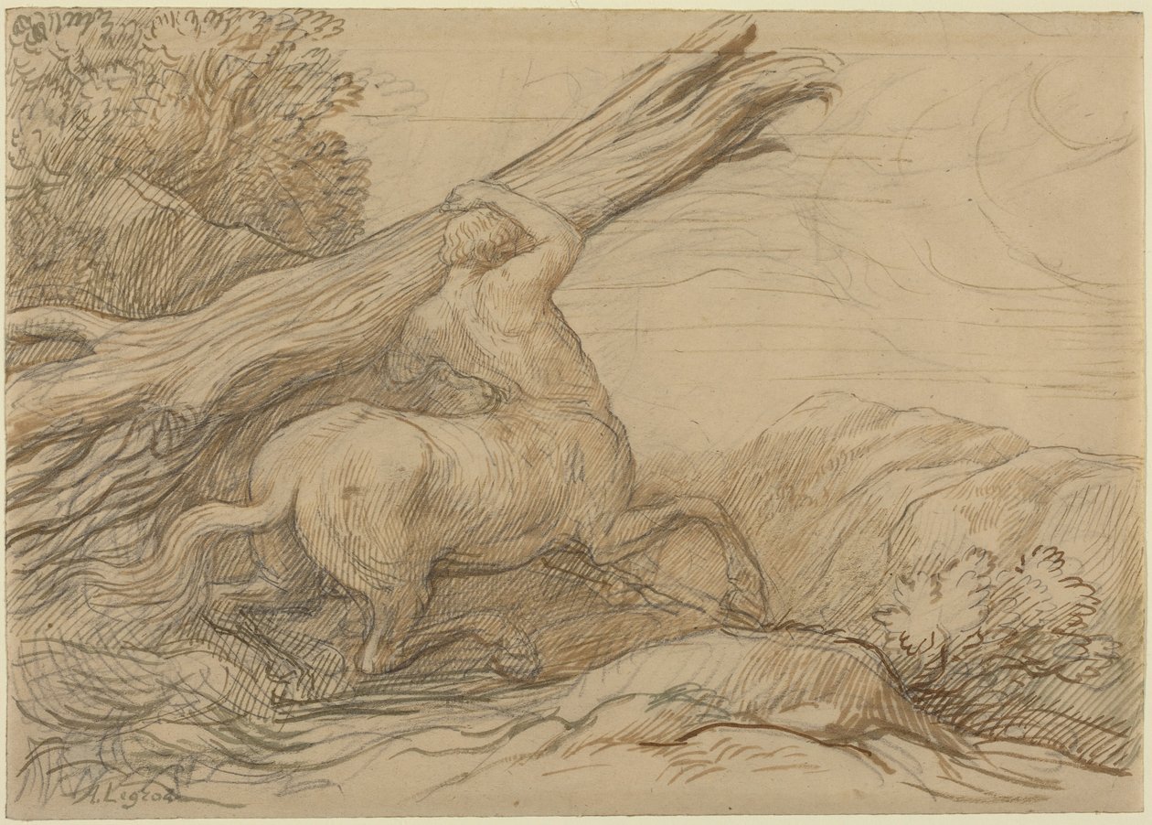 Kentaur nesoucí kmen stromu (hnědá a zelená tuš nad grafitem) od Alphonse Legros