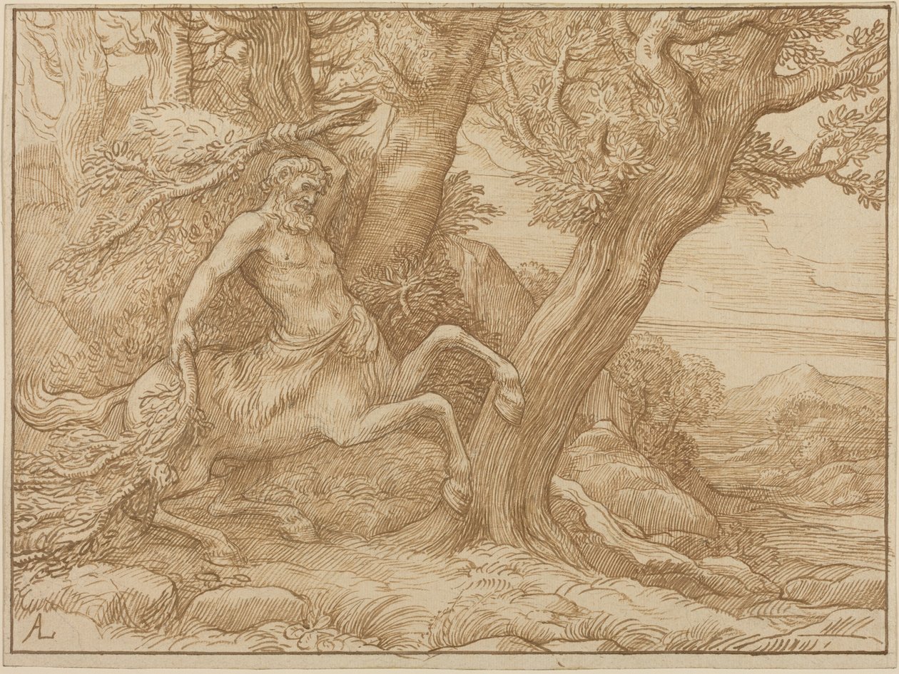 Kentaur s větvemi (pero a hnědá tuš na vliesovém papíře) od Alphonse Legros