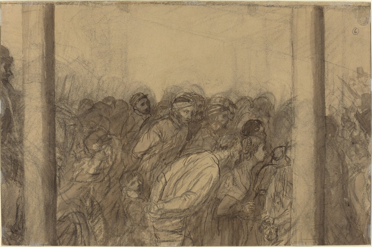 Dav lidí viděný mezi dvěma sloupy [verso]. od Alphonse Legros