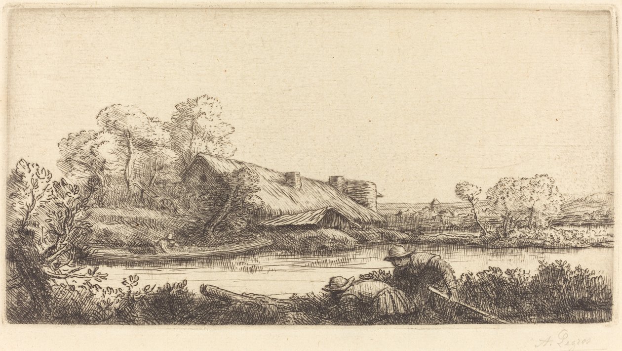 Farma podél řeky viděná večerním světlem od Alphonse Legros