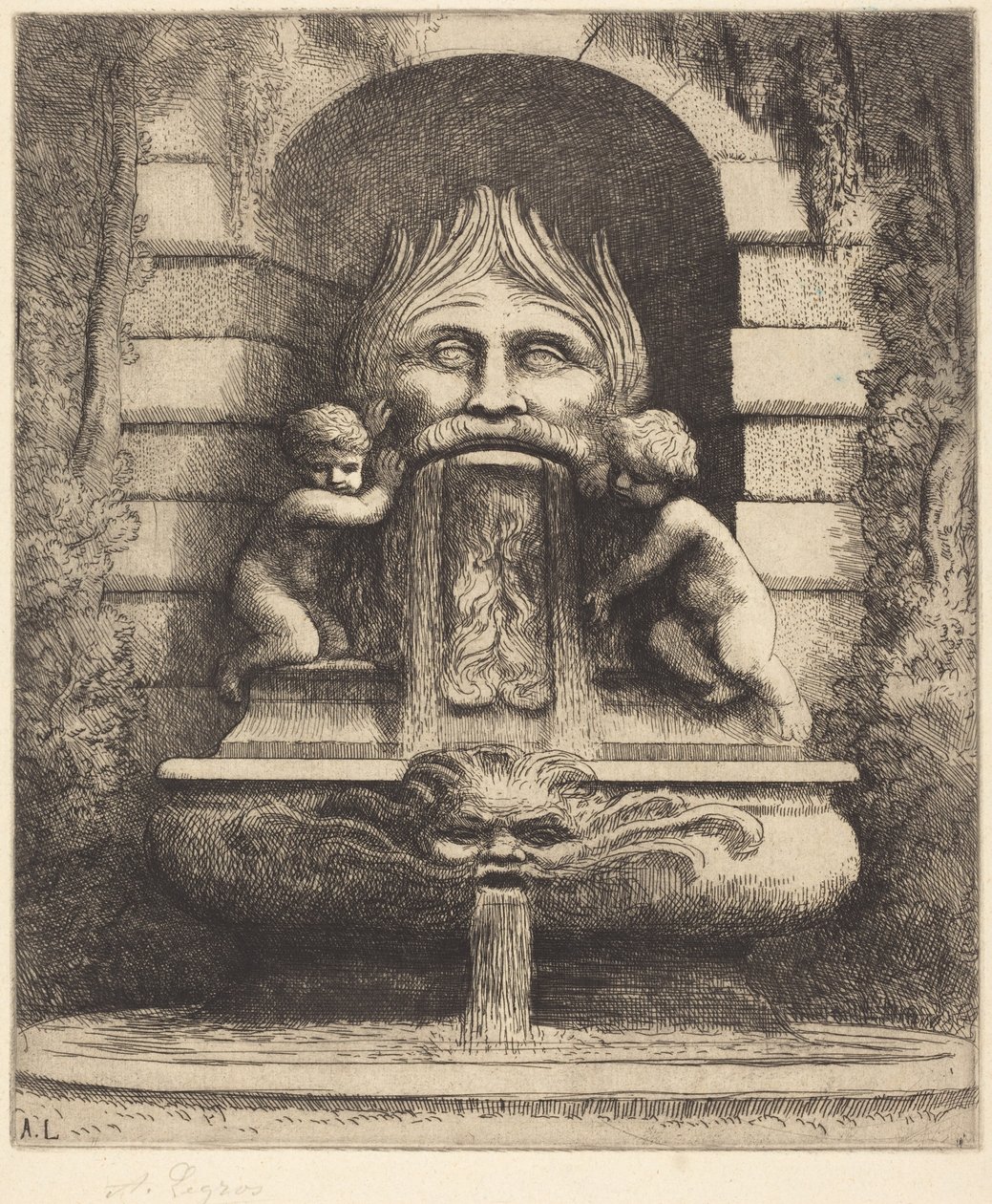 Fontána: Groteska, děti a nádrž (Fontána: Maska, děti a nádrž) od Alphonse Legros