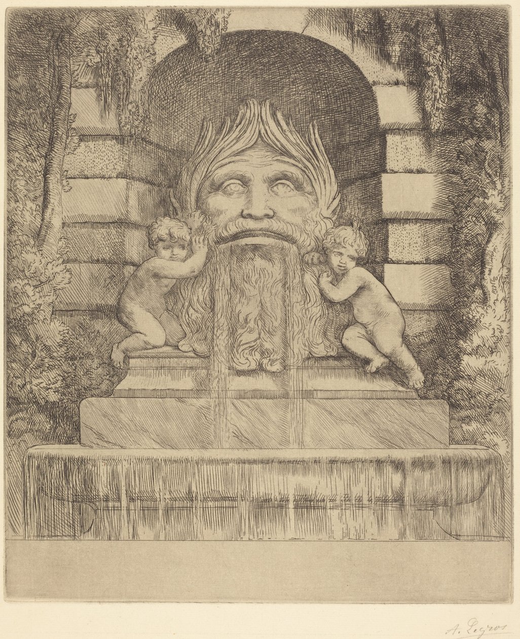 Fontána: Groteska, děti a nádrž (Fontána: Maska, děti a nádrž) od Alphonse Legros