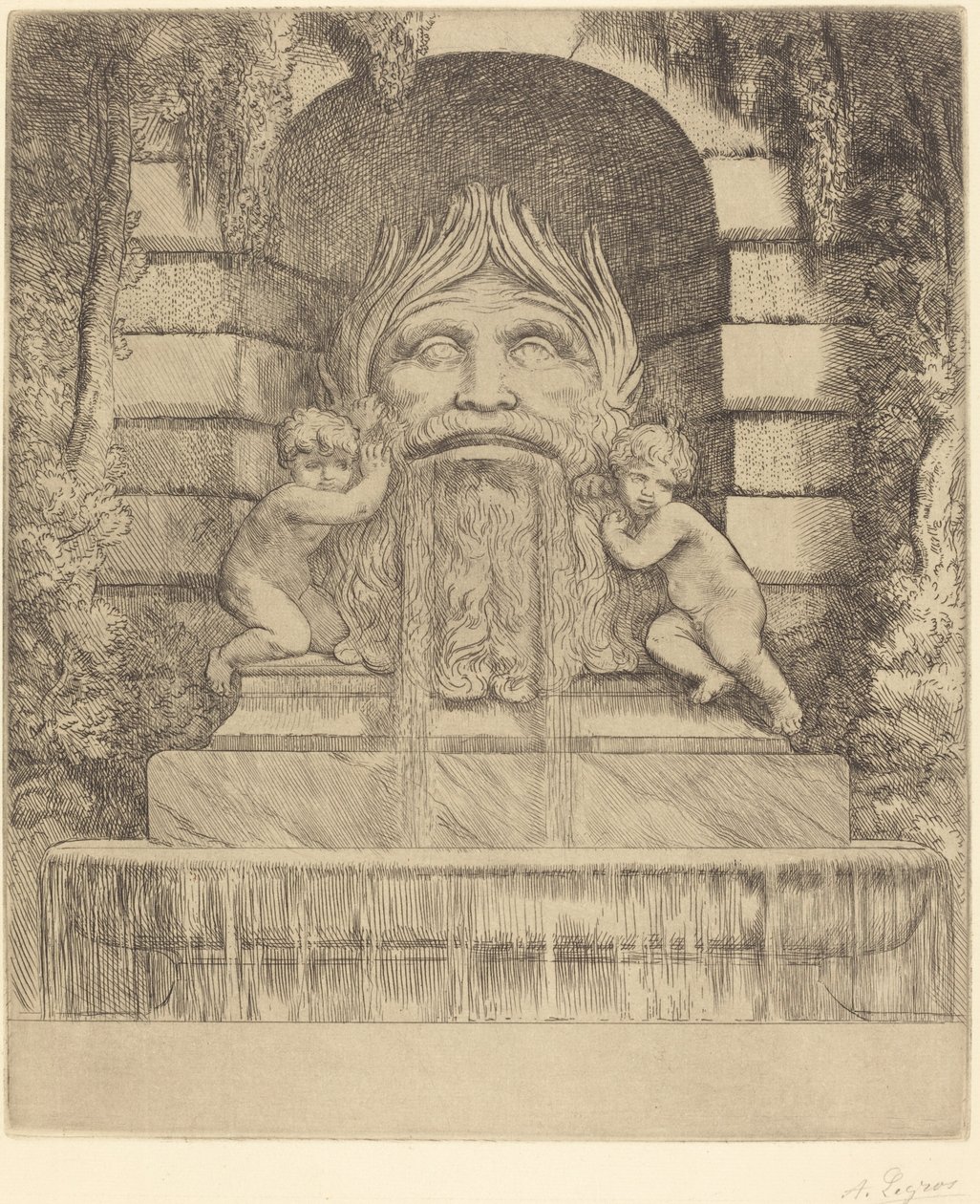 Fontána: Groteska, Děti a pánev Fontána Une: Masque, enfants et bassin. od Alphonse Legros
