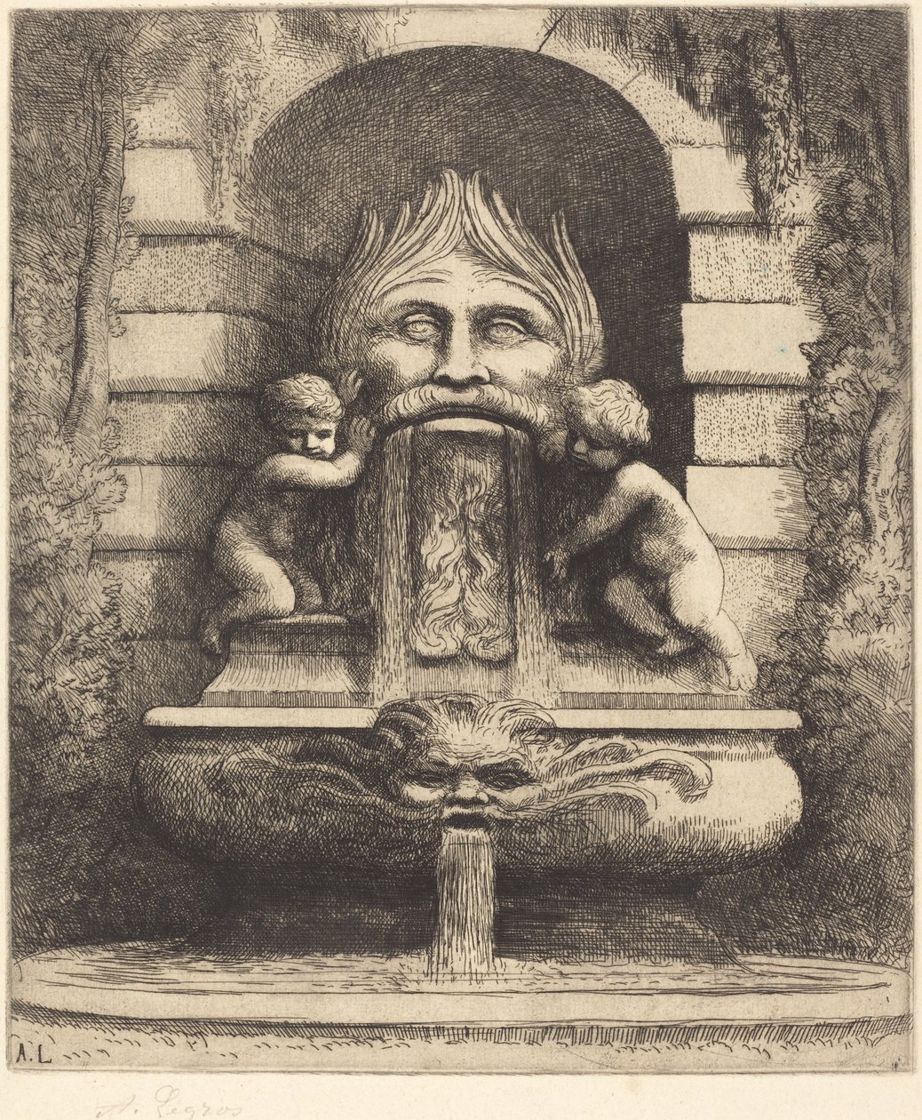 Fontána: Groteska, Děti a pánev Fontána Une: Masque, enfants et bassin. od Alphonse Legros