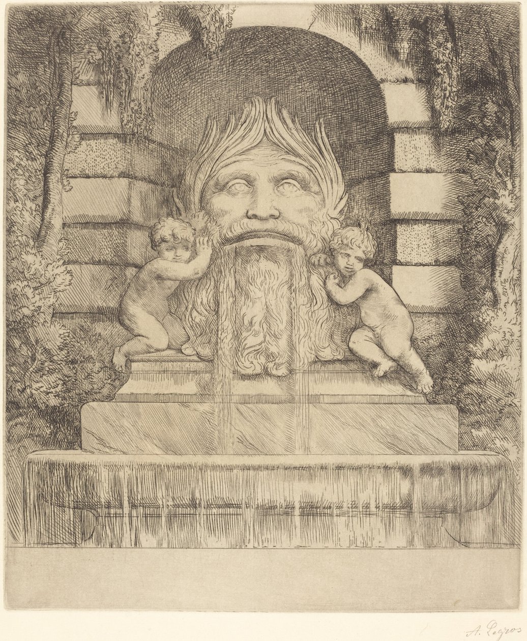 Fontána: Groteska, Děti a pánev Fontána Une: Masque, enfants et bassin. od Alphonse Legros
