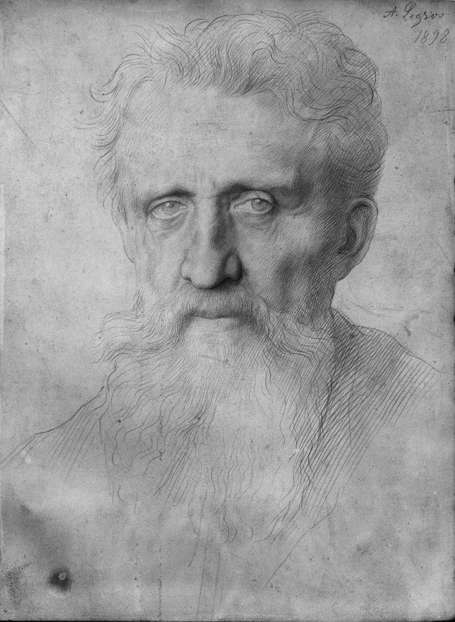 Hlava muže s dlouhým plnovousem, 1898 (stříbrná jehla na bílém kartonu) od Alphonse Legros