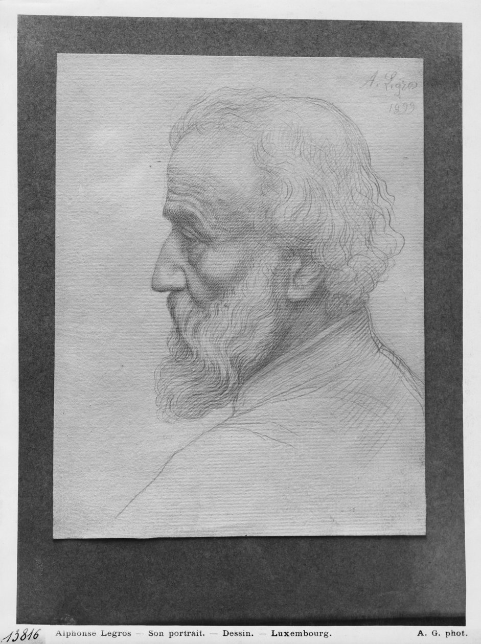 Hlava starého muže s dlouhými vlasy, 1899 (stříbrný bod na papíře) od Alphonse Legros
