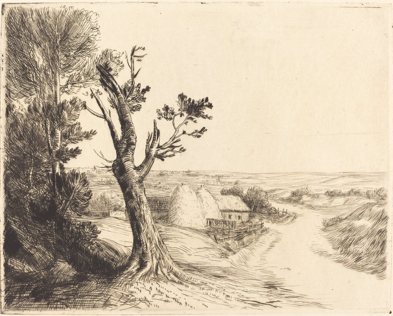 Krajina s kupkami sena od Alphonse Legros
