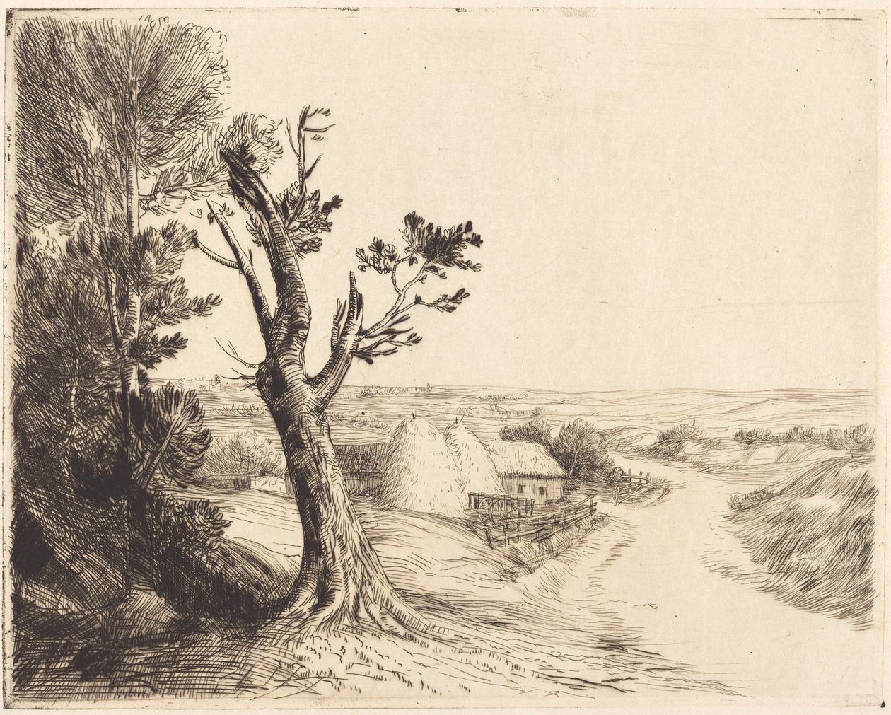 Krajina s kupami sena (Le paysage aux meules) od Alphonse Legros