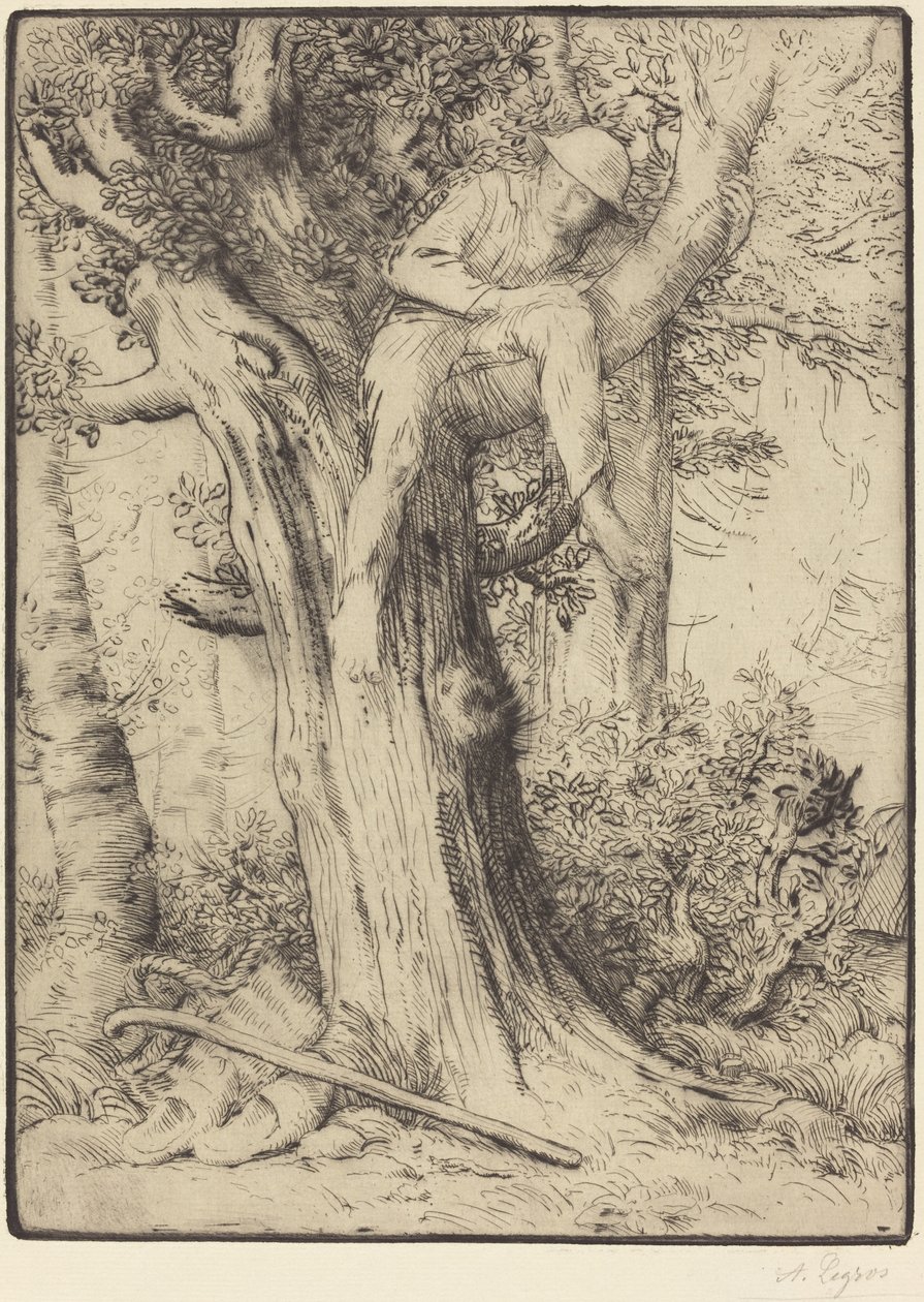 Krajina s chlapcem na stromě od Alphonse Legros