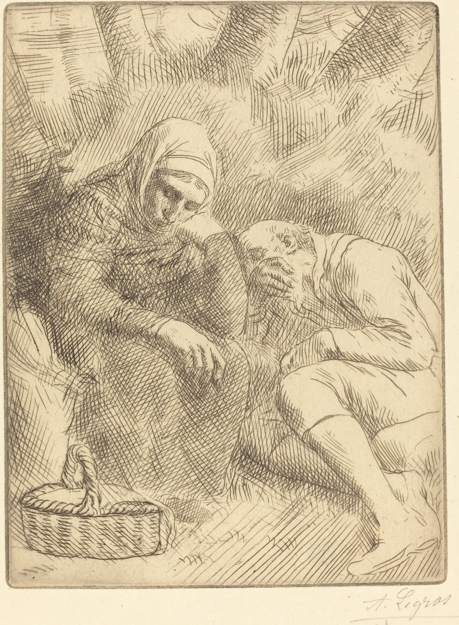 Muž a žena sedí u silnice s košíkem Homme et femme assis au bord... od Alphonse Legros