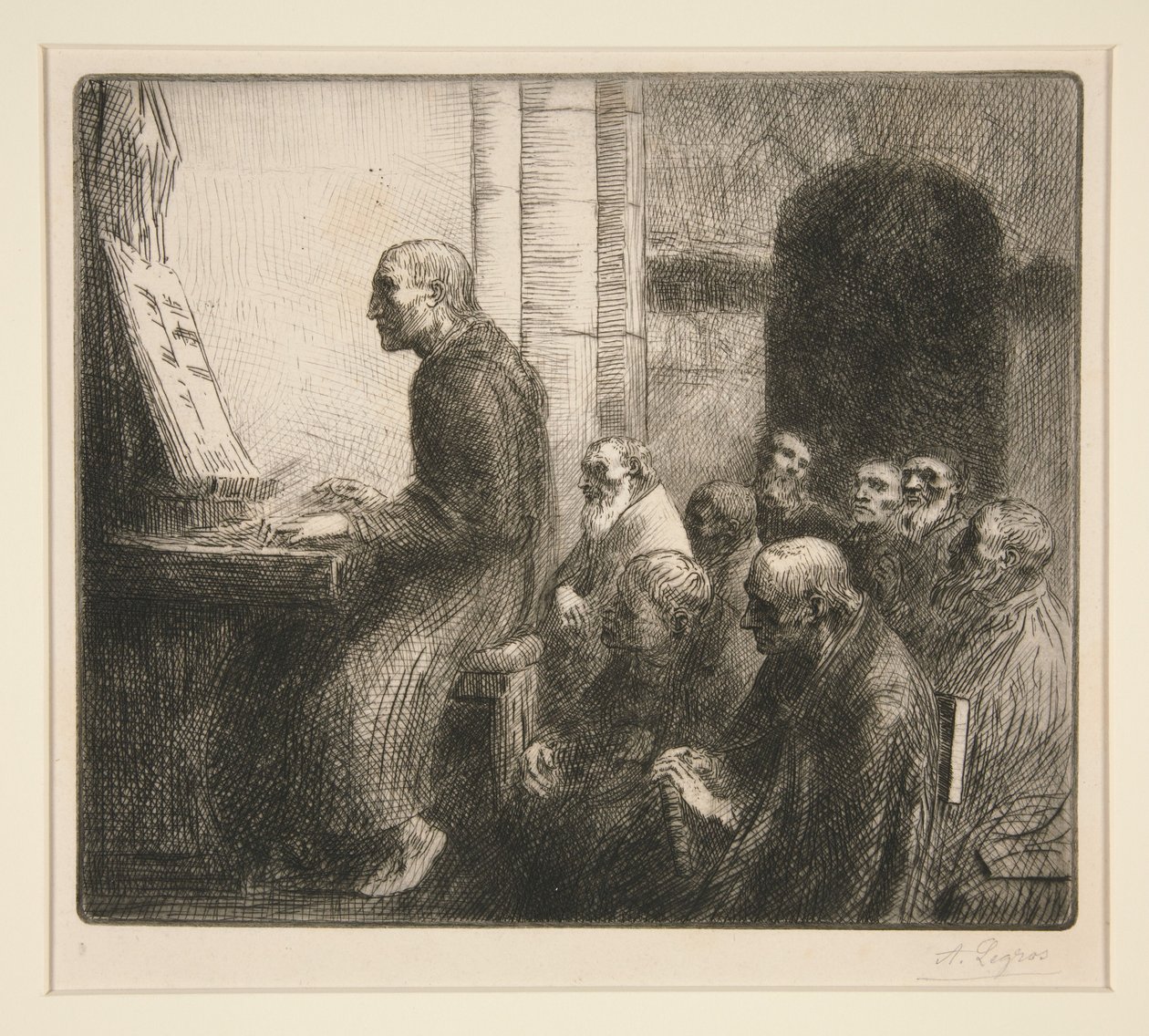 Mnich hrající na varhany v kostele od Alphonse Legros