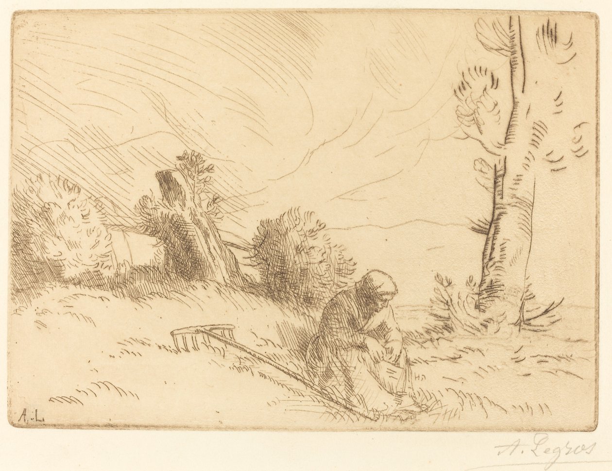 Rolnická žena sedící poblíž živého plotu od Alphonse Legros