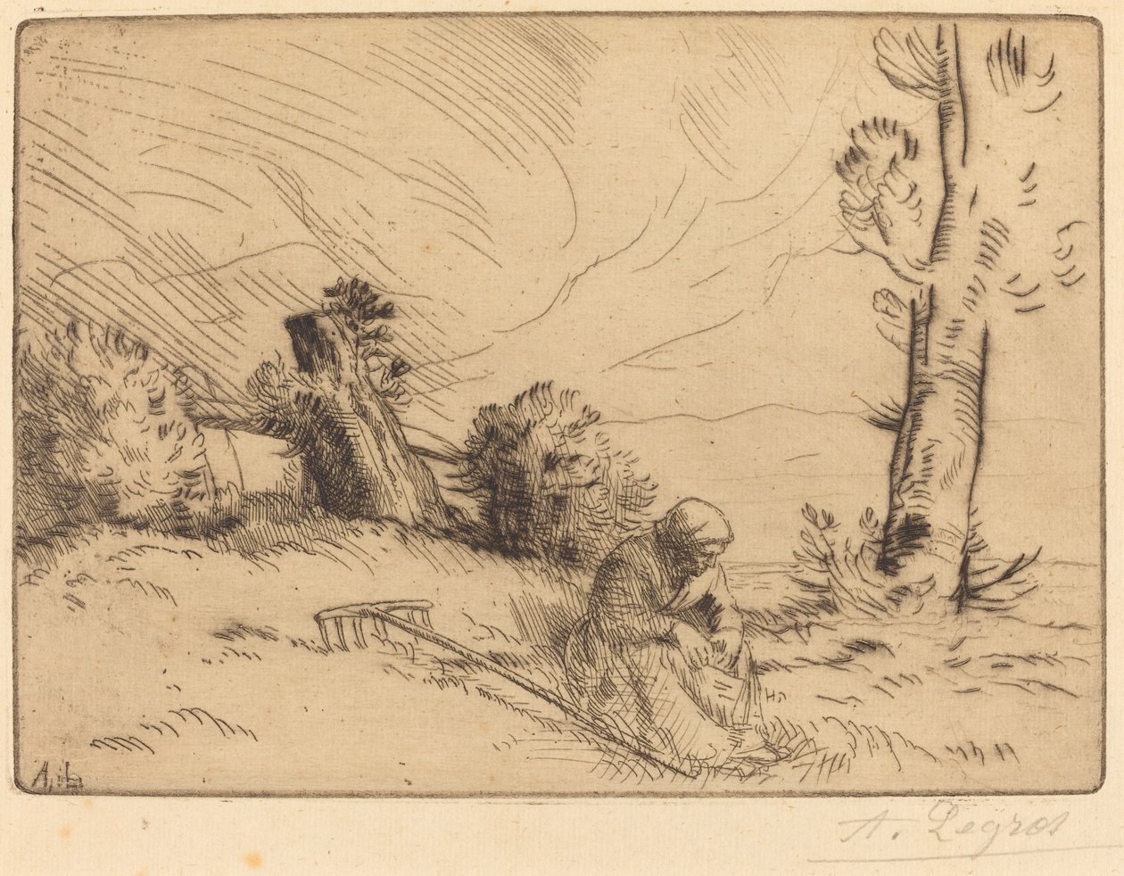 Rolnická žena sedící poblíž živého plotu od Alphonse Legros