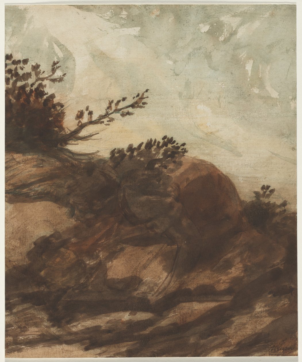Západ slunce nad kopcem, poslední polovina roku 1800. od Alphonse Legros