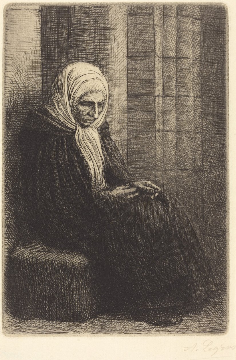 Žena sedící u zdi, dítě s hlavou v jejím klíně (Femme assis, muraille au fond, enfant la tête dans son giron) od Alphonse Legros