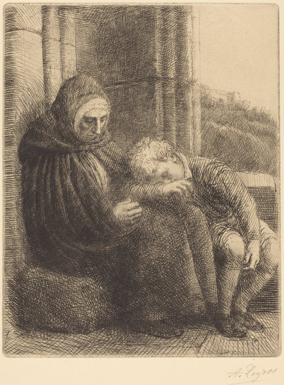 Žena sedící u zdi, dítě s hlavou v jejím klíně (Žena sedící, v pozadí zeď, dítě s hlavou v jejím klíně) od Alphonse Legros