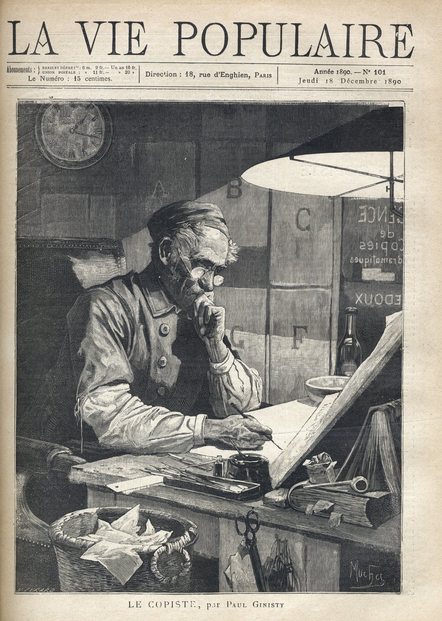 Soustředěný opisovač pracující ve své kanceláři. Ilustrace Alfons Maria Mucha (Alphonse Marie Mucha od Alphonse Mucha