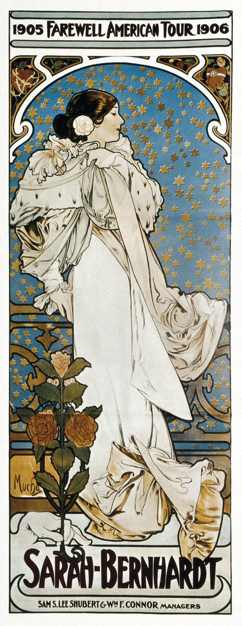 Plakát na Farewell American Tour Sarah Bernhardtové od Alphonse Marie Mucha