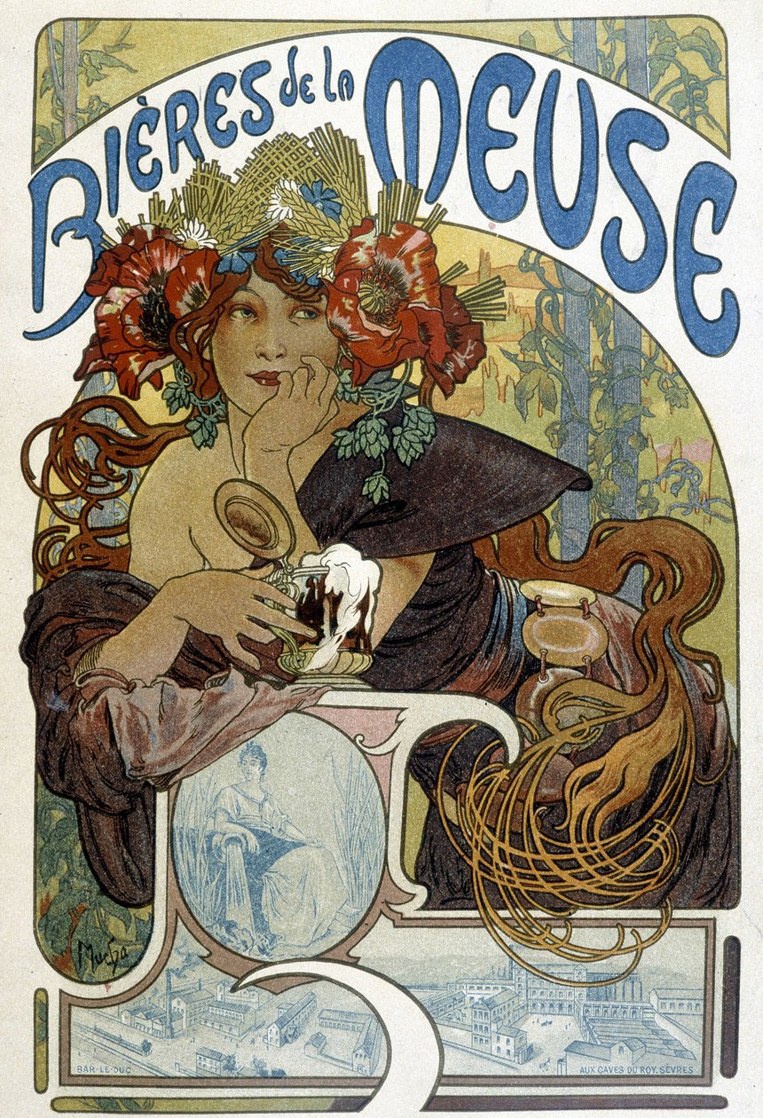 Reklama na pivo z Meuse. Ilustrace Muchy (český malíř a výtvarník plakátů od Alphonse Mucha