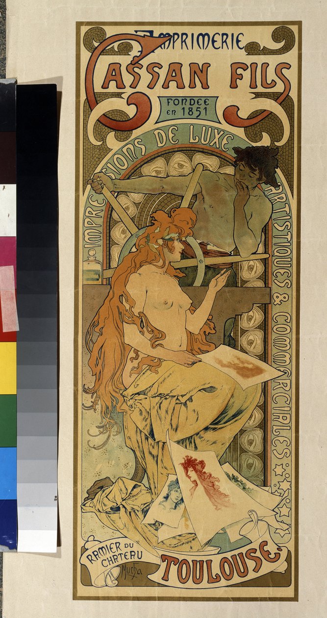 Reklamní plakát pro tiskárnu "Cassan Fils, luxusní, umělecký a komerční tisk"" v Toulouse. Plakát Alfonse Marie Muchy (Alphonse Marie Mucha od Alphonse Marie Mucha