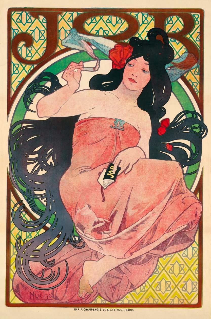 Affiche publicitaire pour le papier a cigarette Job - Reklamní plakát na hedvábný papír Job - Kresba Mucha, Alfons (Alphonse) Marie (1860-1939), Barevná litografie 1896 (51,5x39 cm) - Soukromá sbírka od Alphonse Marie Mucha