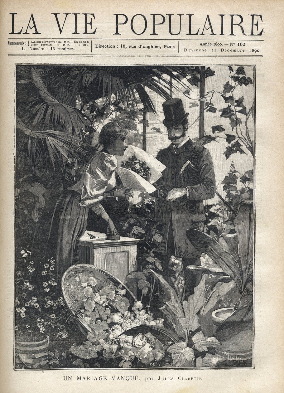Elegantní muž kupuje květiny v květinářství. Ilustrace Alfons Maria Mucha (Alphonse Marie Mucha od Alphonse Mucha