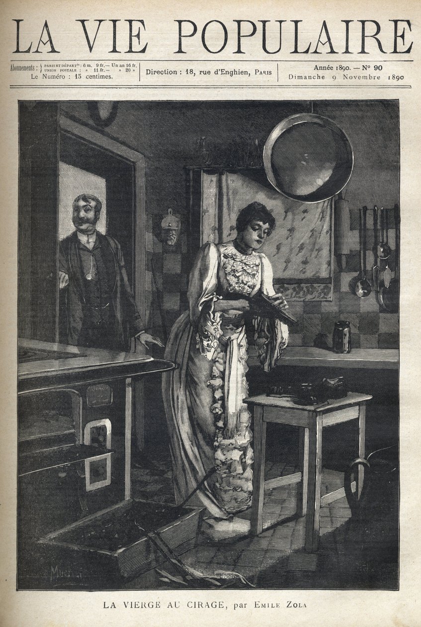 Elegantní žena voskuje botu v kuchyni domu. Muž za ní otevírá dveře. Ilustrace Alfons Maria Mucha (Alphonse Marie Mucha od Alphonse Mucha