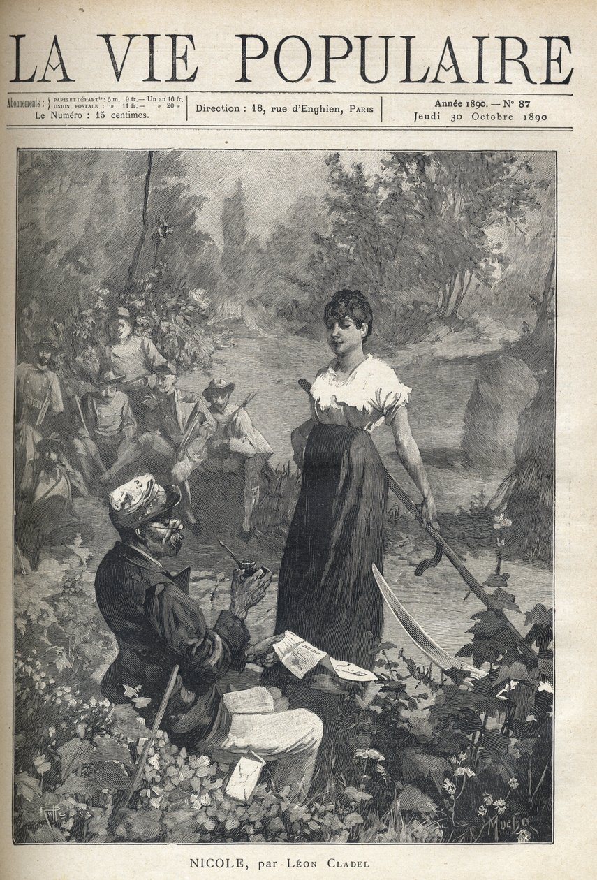 Starý muž čte dopis krásnému mladému rolníkovi, který drží falešný (žnec). V dálce scénu sledují lovci. Ilustrace Alfons Maria Mucha (Alphonse Marie Mucha od Alphonse Mucha