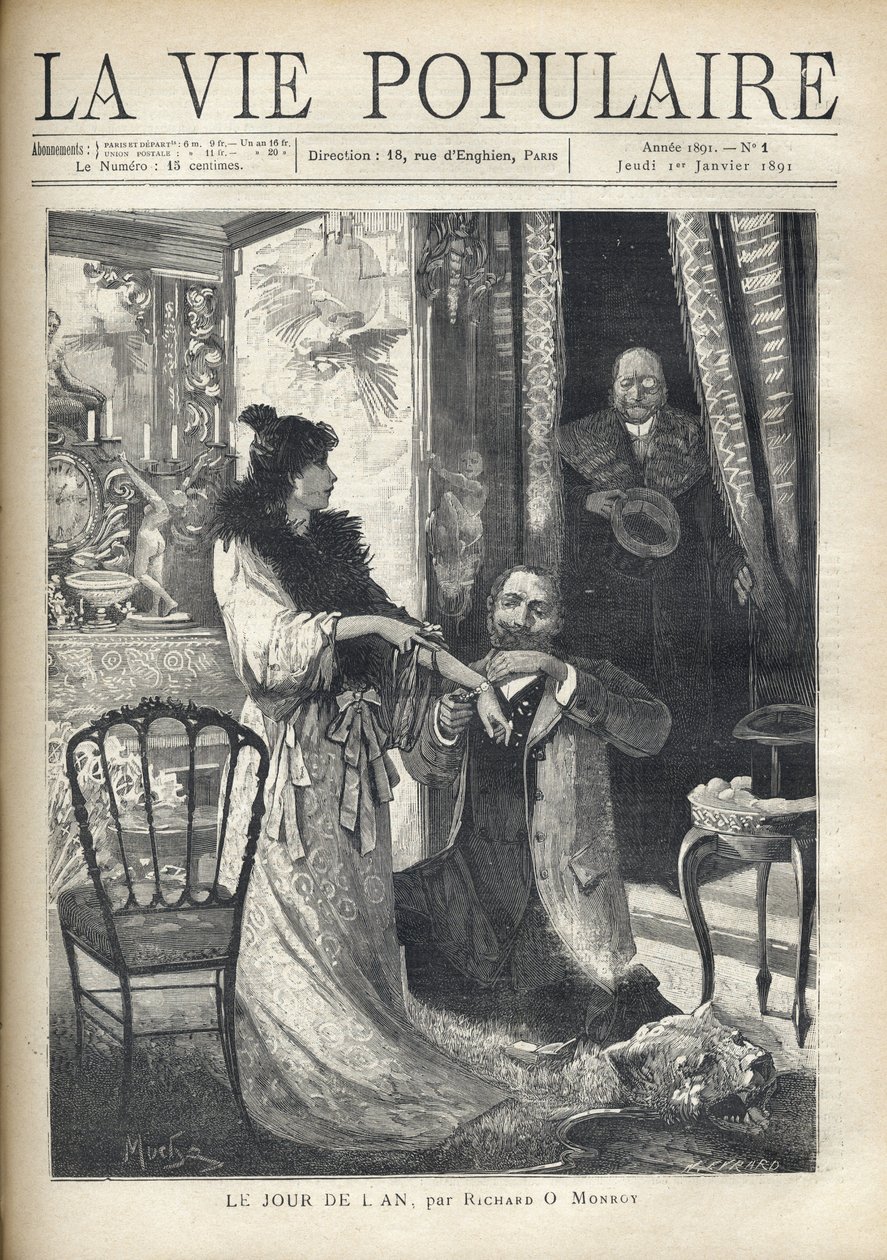 Stařec překvapí galantní scénou: muž klečící před elegantní ženou si připne na zápěstí náramek. Ilustrace Alfons Maria Mucha (Alphonse Marie Mucha od Alphonse Mucha