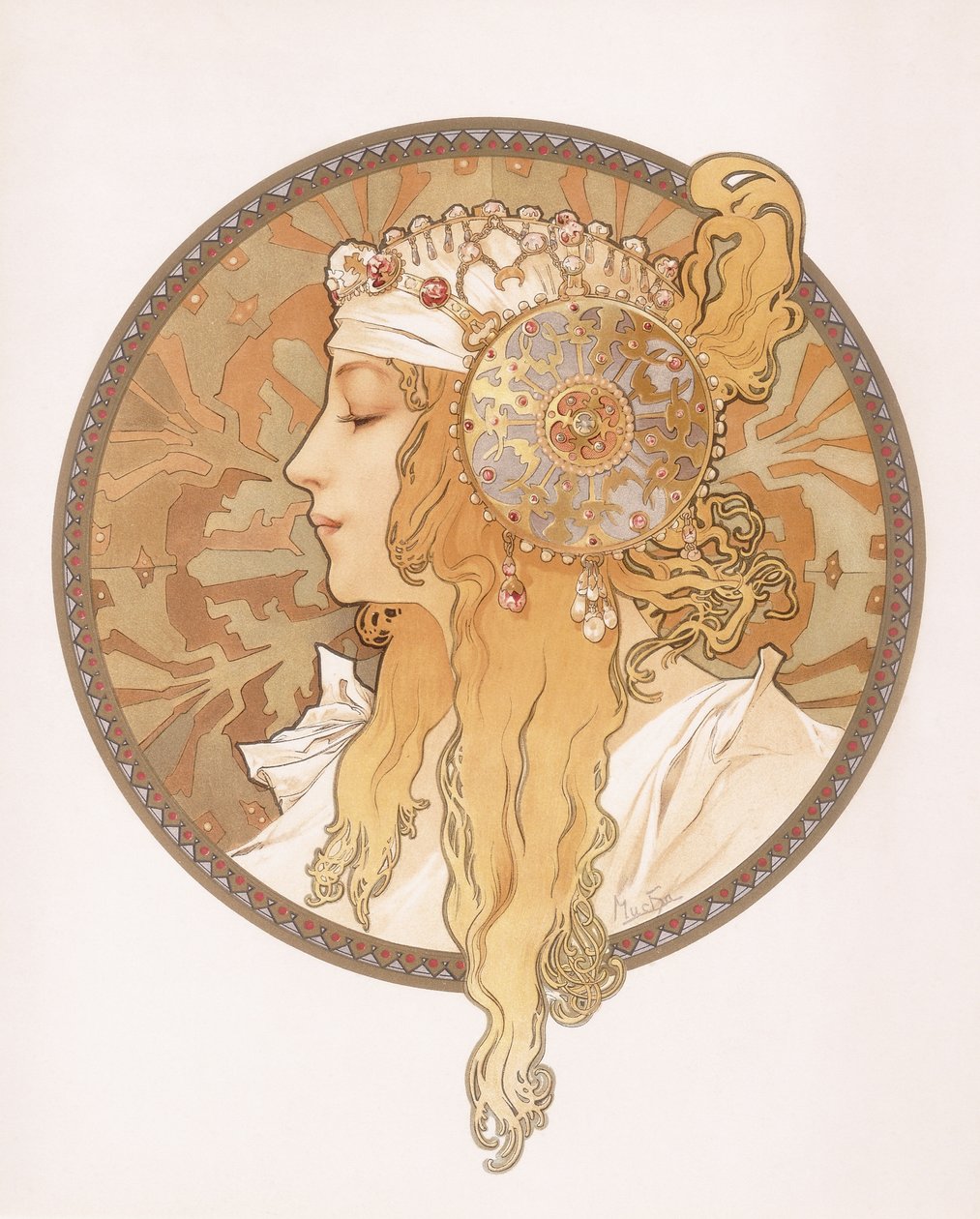 byzantská hlava blonďaté dívky; Byzantská hlava blond ženy, kolem roku 1897 od Alphonse Mucha
