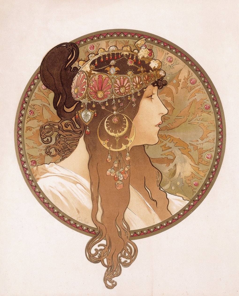 byzantská hlava brunetky; Tete byzantine d"une bruneta, kolem roku 1897 od Alphonse Mucha