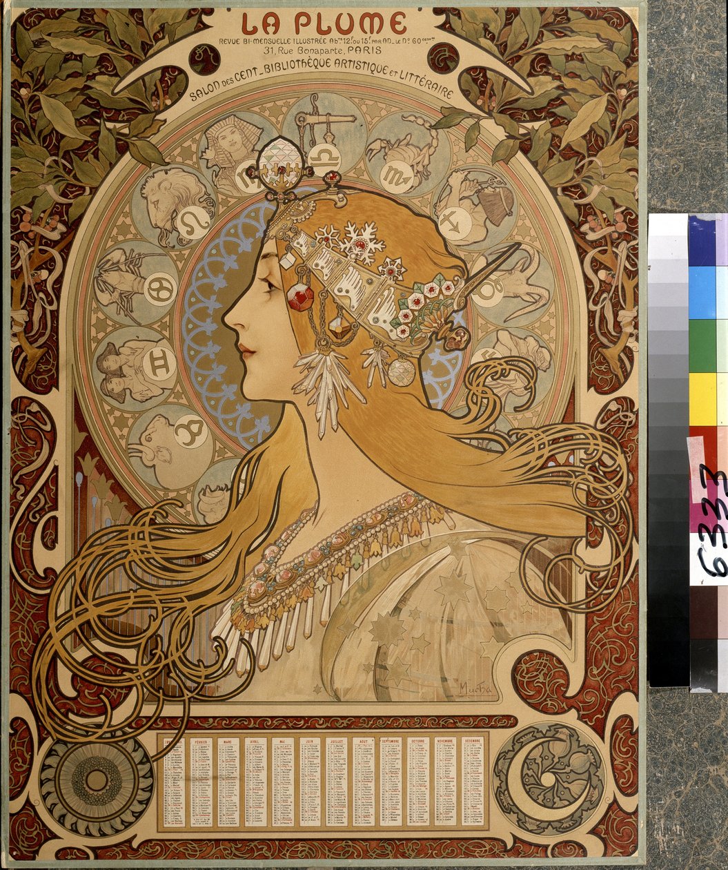 Kalendář "La Plume", ilustrovaný dvouměsíčník ze Salon des Cent. Umělecká a literární knihovna. Umělecké dílo Alfonse Marie Muchy (Alphonse Marie Mucha od Alphonse Marie Mucha