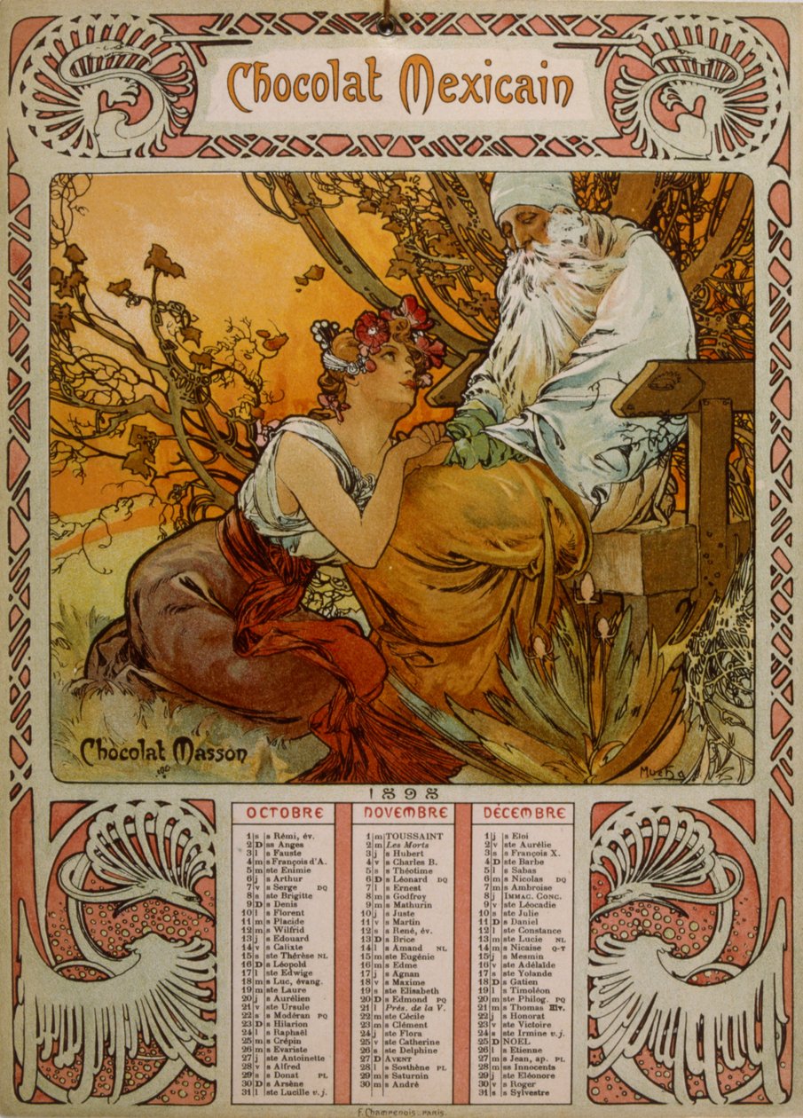 Kalendář Chocolate Masson ilustrovaný Muchou (1860 – 1939). český secesní malíř od Alphonse Mucha