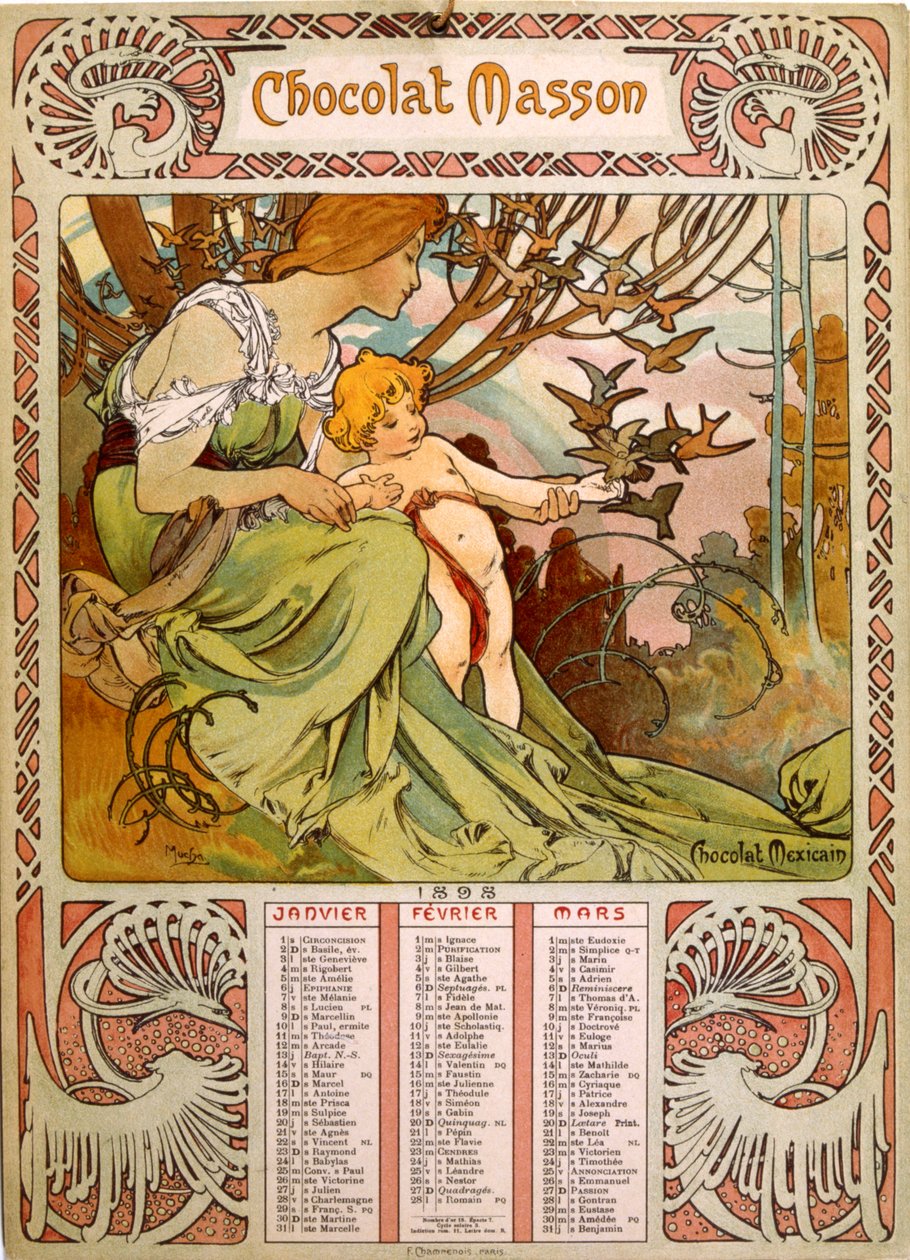 Kalendář Chocolate Masson ilustrovaný Muchou (1860 – 1939). český secesní malíř od Alphonse Mucha