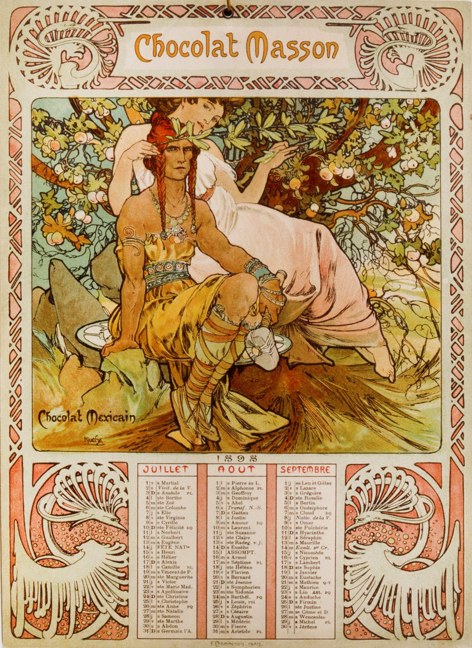 Kalendář Chocolate Masson ilustrovaný Muchou (1860 – 1939). český secesní malíř od Alphonse Mucha