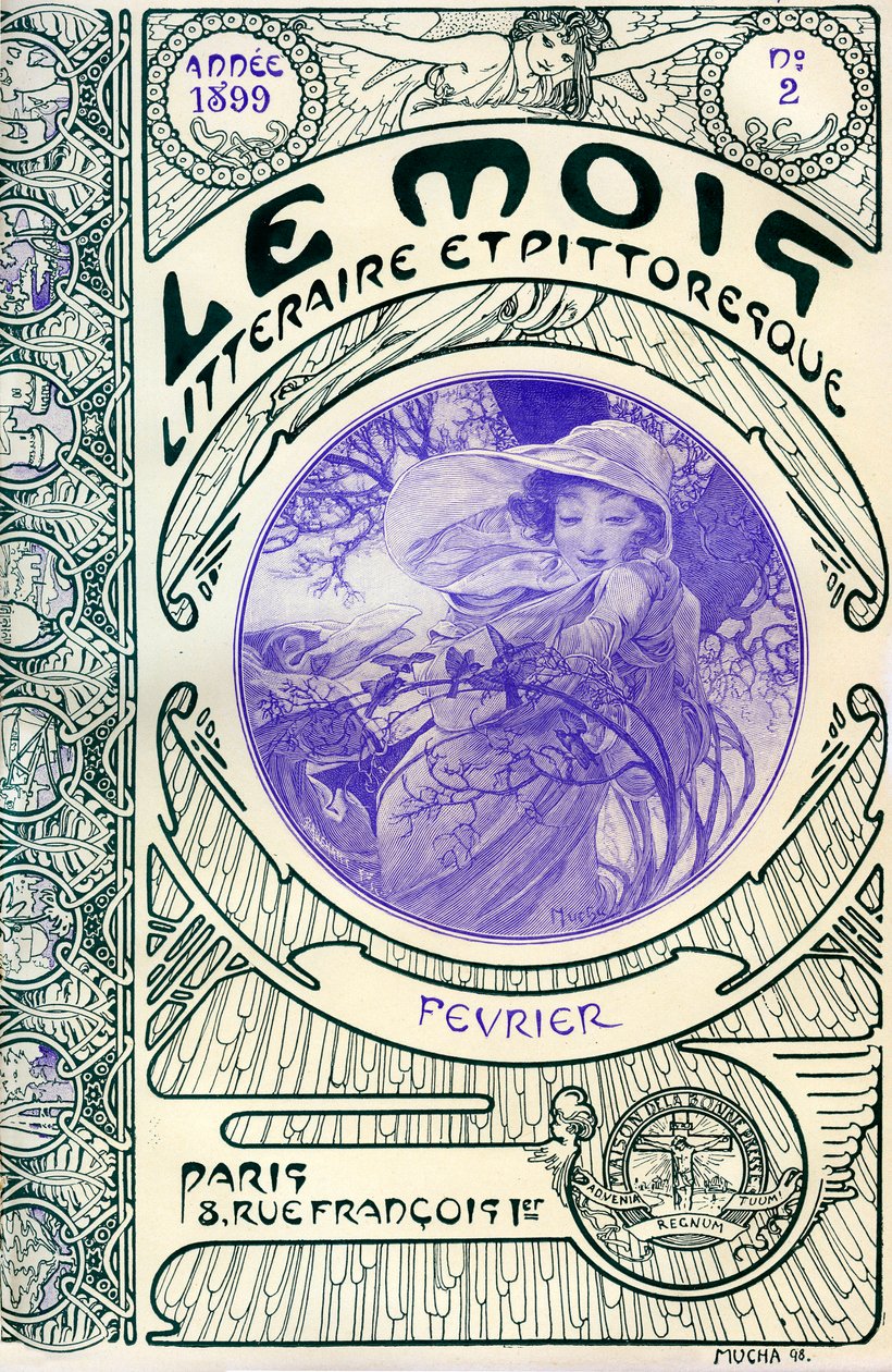 Obálka časopisu (měsíčník) Le Month litteraire et malebné od Alphonse Muchy (1860-1939): měsíc únor 1899 - Maison de la Bonne Presse - od Alphonse Mucha