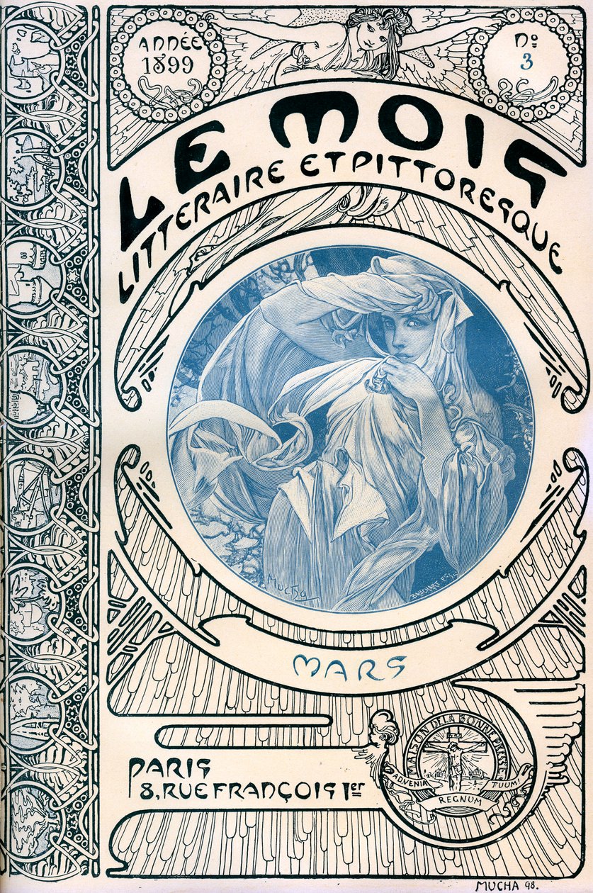 Obálka časopisu (měsíčník) Literární a malebný měsíc Alphonse Muchy (1860-1939): březen 1899 - Maison de la Bonne Presse - od Alphonse Mucha