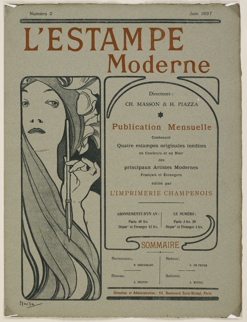 Titulní strana: Titulní strana z L’Estampe moderne, červen 1897 (barevně lito) od Alphonse Mucha