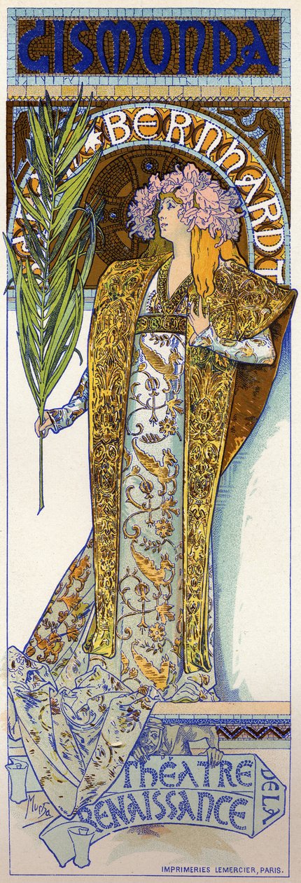 Zábava. Gismonda, hra Victoriena Sardoua se Sarah Bernhardtovou v Theatre de la Renaissance v Paříži. Plakát Muchy, Francie od Alphonse Marie Mucha