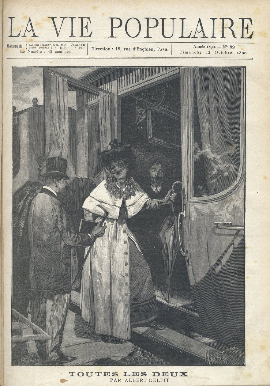 Rozloučení mezi mužem a ženou nastupujícími do vlaku na nástupišti nádraží. Ilustrace Alfons Maria Mucha (Alphonse Marie Mucha od Alphonse Mucha