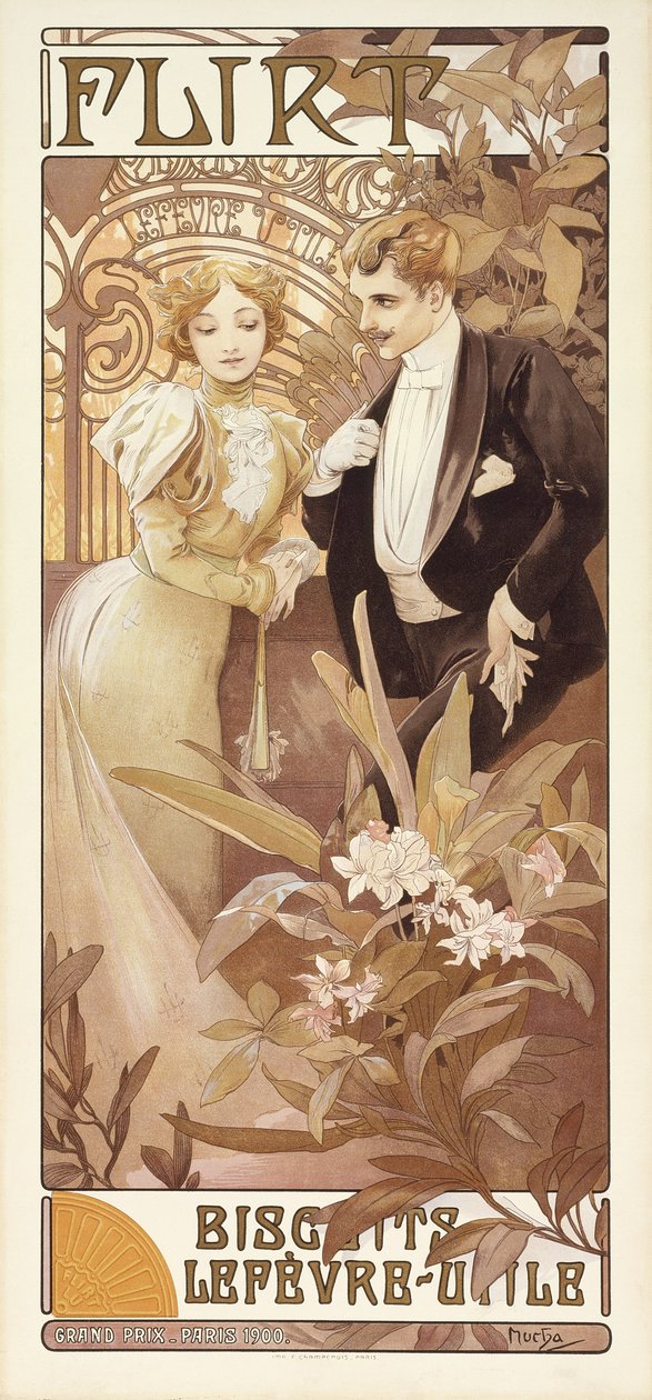 Flirt, kolem 1895-1900 (barevné lito) od Alphonse Mucha