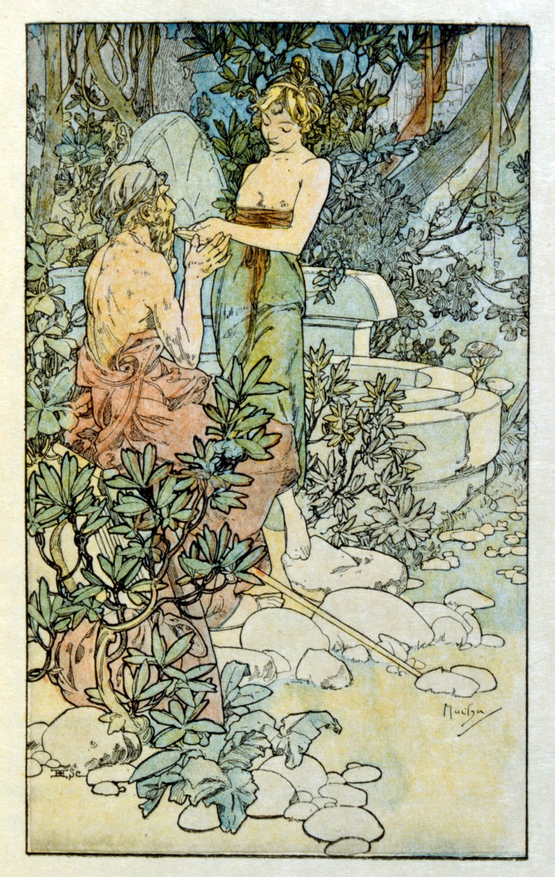 Ilustrace Alphonse Muchy z "Clia" díla francouzského autora Anatole France. 1900. Mucha (1860 – 1939). byl český secesní malíř od Alphonse Mucha