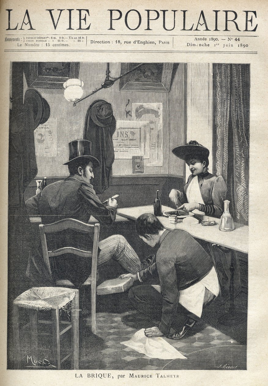 V restauraci jsou muž a žena odděleni a večeří. Služebník se krčí poblíž muže a instaluje mu pod nohy rozpálenou cihlu. Ilustrace Alfons Maria Mucha (Alphonse Marie Mucha od Alphonse Mucha