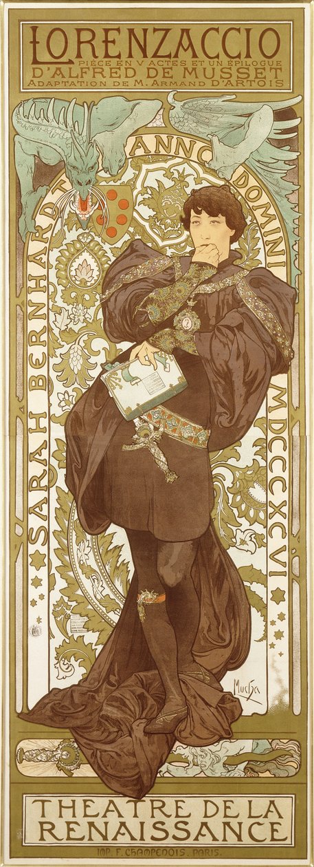 Lorenzaccio, zobrazující stojící postavu Sarah Bernhardt v roli, 1896 od Alphonse Mucha