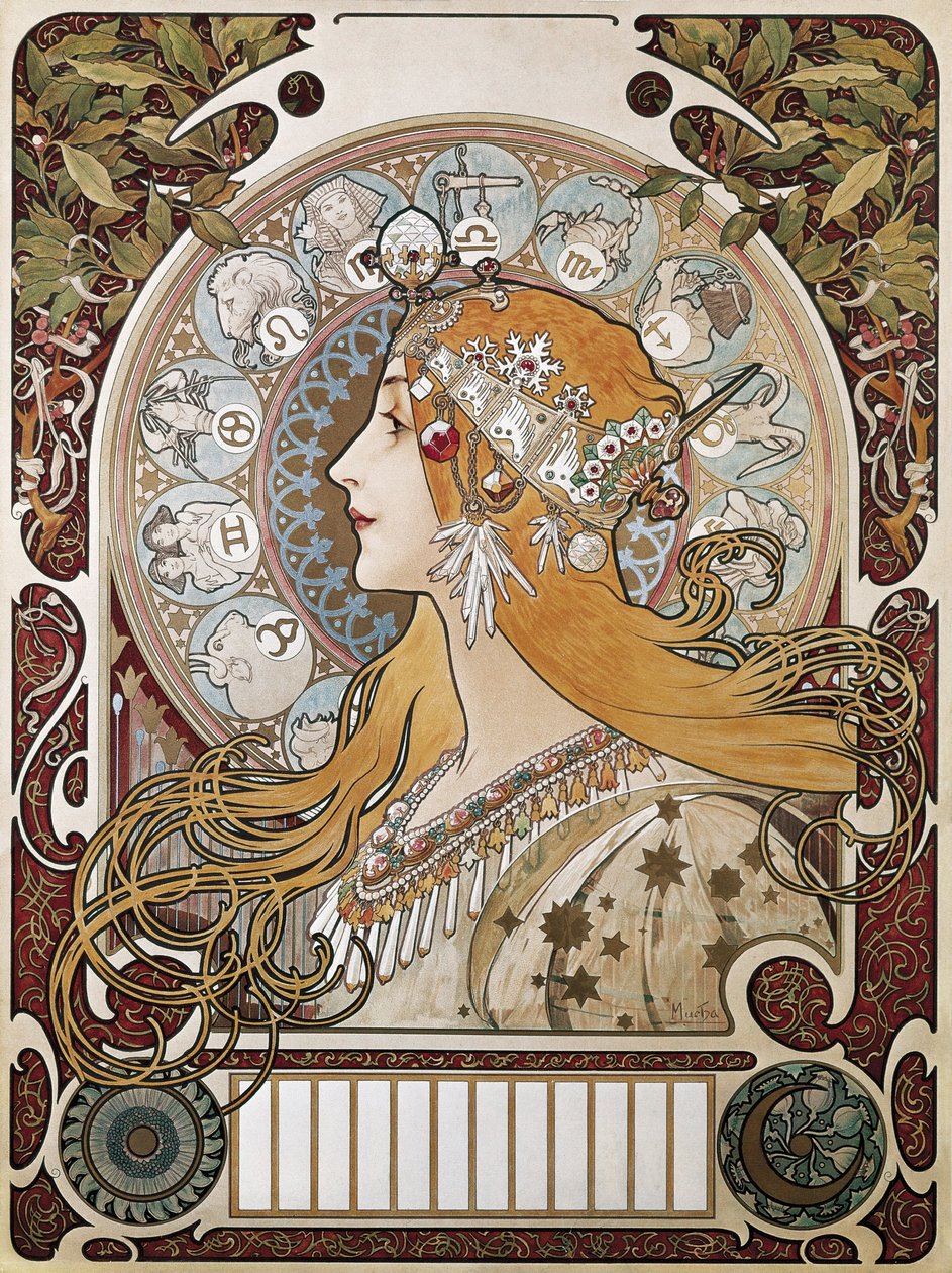 MUCHA, Alphonse Maria (1860-1939). Zvěrokruh. 1896. (67 x 48 cm). Plakát a kalendář inzerující časopis „La Plume““ (The Feather). Modernismus. Litografie od Alphonse Marie Mucha